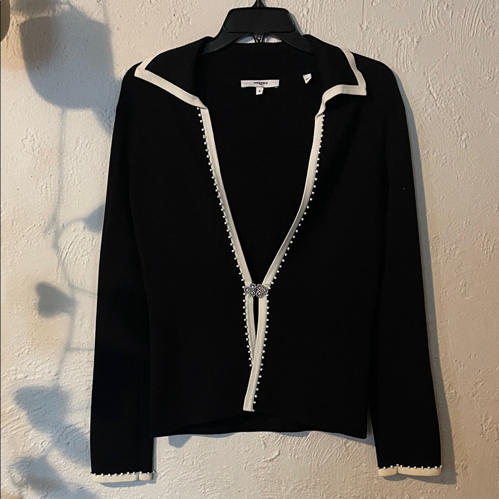 Vertigo Paris Black Cardigan with White Trim and Beaded